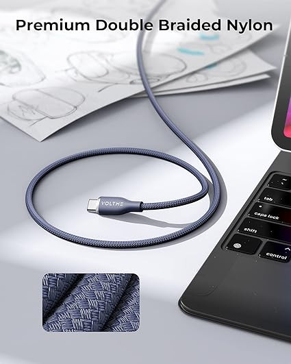 کابل شارژ ولتمی مدل Voltme Powerlink Rugg Double Nylon Cable Type C to Type C 3A / 1M (60W) Black