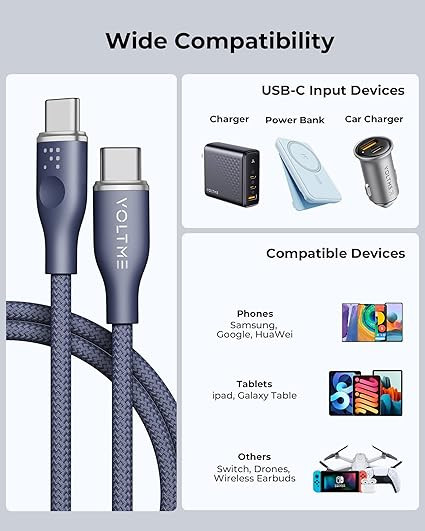 کابل شارژ ولتمی مدل Voltme Powerlink Rugg Double Nylon Cable Type C to Type C 3A / 1M (60W) Black