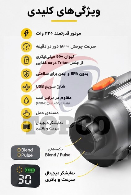 بلندر شارژی قابلحمل هوشمند مدل A12 - ظرفیت 600 میلیلیتر