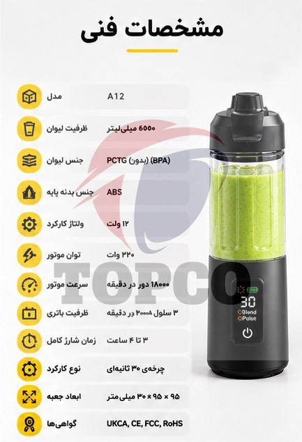 بلندر شارژی قابلحمل هوشمند مدل A12 - ظرفیت 600 میلیلیتر