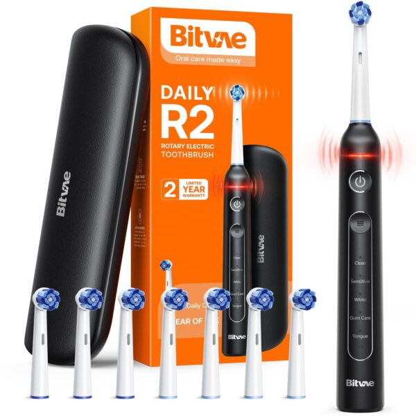 مسواک برقی چرخشی بایتواه (Bitvae) مدل Daily R2 مشکی با ۵ حالت و ۸ سری