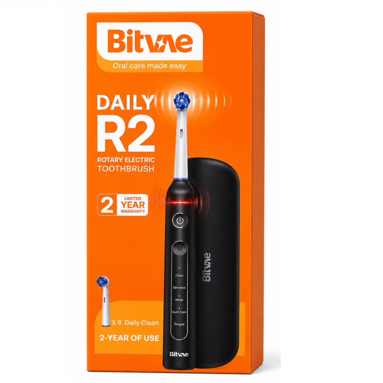 مسواک برقی چرخشی بایتواه (Bitvae) مدل Daily R2 مشکی با ۵ حالت و ۸ سری
